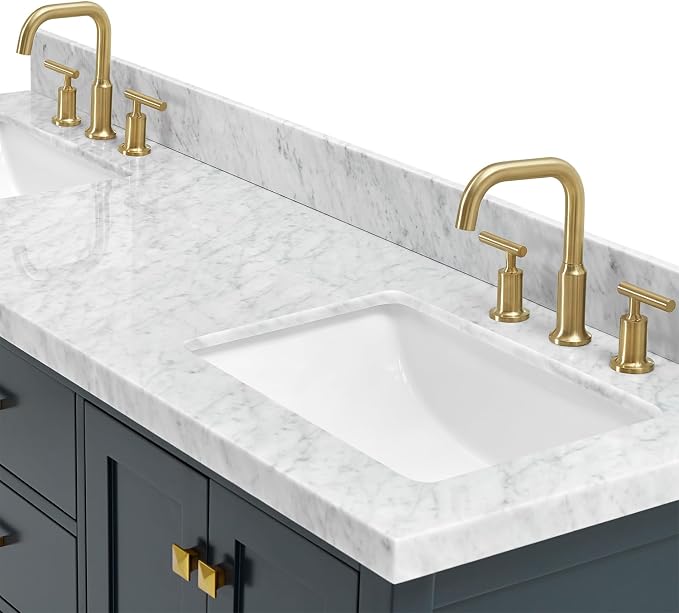 Beckford 66" Midnight Blue Double Bathroom Vanity with Sink, 1.5" Edge Italian Carrara Marble Countertop, 2 Rectangular Undermount Sinks, 4 Soft Closing Doors, 6 Dovetail Drawers, Satin Brass