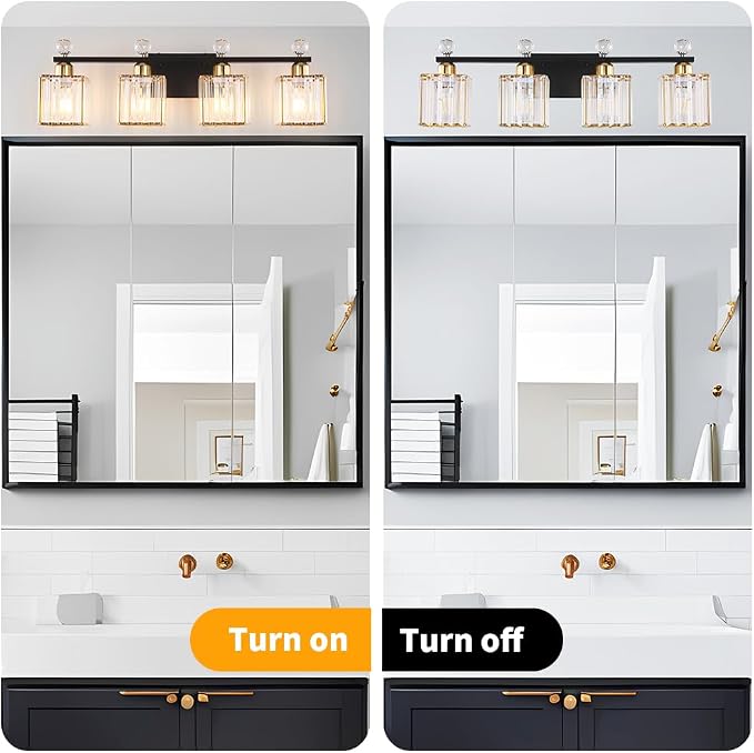 Lxybcce Bathroom Vanity Lights Over Mirror - Easy Installation with Clear Guide, 4-Light Shadow-Free Design, Black and Gold Crystal Finish - for Modern Home Bathroom Lighting Fixtures in DIY Projects