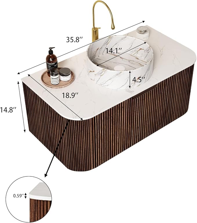 Yayzy 36" Floating Bathroom Vanity with Sink, Solid Wood Fluted Cabinet, White Marble-Patterned Ceramic Basin & Faux Marble Top, Soft-Close Drawer, Pre-Assembled, Walnut Woodgrain