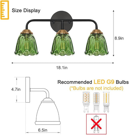 Vintage 3 Light Vanity Light, Black and Gold Bathroom Vanity Light, Bathroom Light Fixtures with Green Glass Shade, Antique Vanity Light Fixtures Over Mirror, Wall Sconce for Bedroom, Living Room