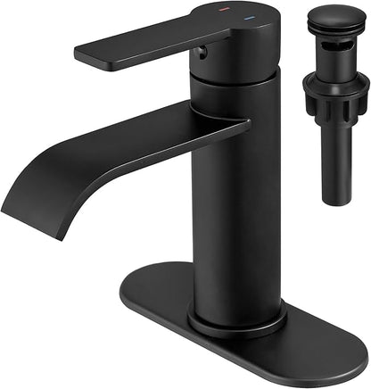 VOTON Matte Black Waterfall Bathroom Faucet, Single Handle 1 or 3 Hole Modern Sink Faucet with Deck Plate & Pop-Up Drain, RV Camper Washbasin Tap