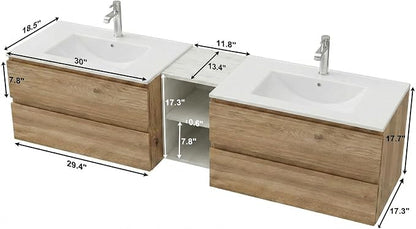 72" Modern Floating Double Sink Bathroom Vanity, Wall Mounted Bathroom Cabinet with U-Shaped Drawers, Beveled Invisible Handles Open Side Shelf, FSC Certified Wood Veneer (White, 72 lnch)