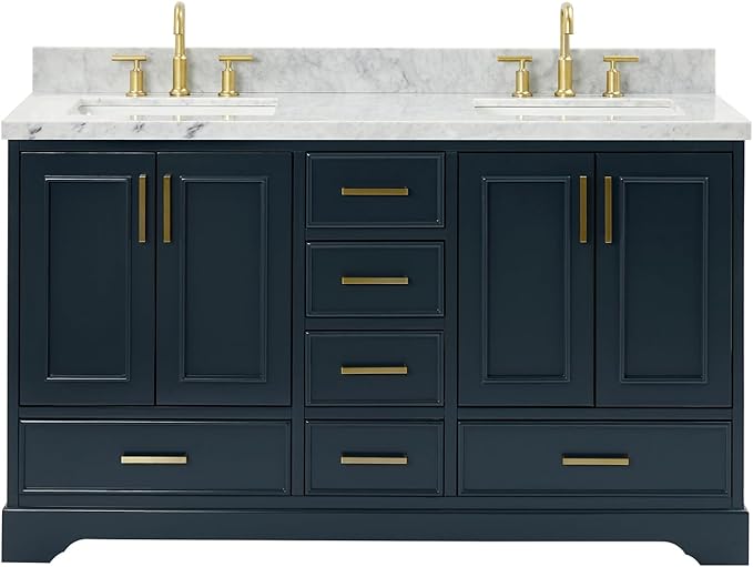ARIEL Stafford 60-inch Bathroom Vanity with Sink,Solid Wood, 1.5-inch Italian Carrara Marble Countertop, Double Rectangular Porcelain Sink, 4 Soft Closing Doors, 6 Dovetail Drawers, Midnight Blue