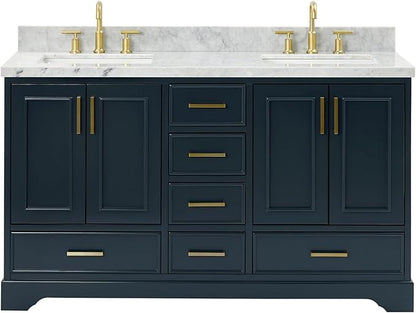 ARIEL Stafford 60-inch Bathroom Vanity with Sink,Solid Wood, 1.5-inch Italian Carrara Marble Countertop, Double Rectangular Porcelain Sink, 4 Soft Closing Doors, 6 Dovetail Drawers, Midnight Blue