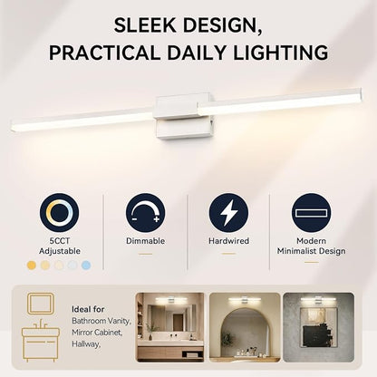 SOLFART Bathroom Lights Over Mirror 40-Inch: Brushed Nickel 5CCT Dimmable Bathroom Vanity Light, Solid Frosted Acrylic, Built-in Dimmer, 360 Degree Rotation, ETL IP44