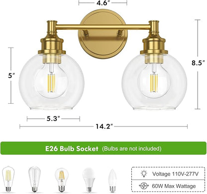 Bathroom Light Fixtures, 2-Light Brushed Gold Vanity Light Globe Glass Shades, Bathroom Lighting Fixtures Over Mirror, Wall Sconces for Master Bathroom, Guest Bathroom, Powder Room, 14-inch