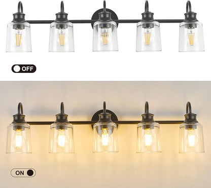 5 Lights Bathroom Light Fixtures Modern Black Vanity Lights | ETL Certificate, Easy to Install,Wall Mount Up or Down,Thickened Glass Lampshade,E26 Socket,Hardwired