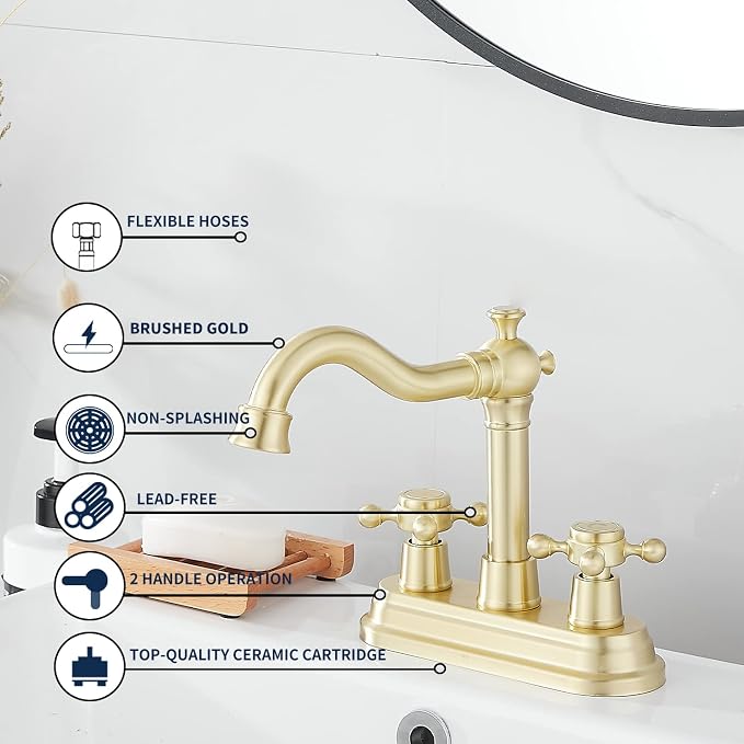Bathroom Faucet Brushed Gold GGStudy 2 Handles 4 Inches Centerset Bathroom Vanity with Drain Assembly and Supply Hose Lavatory Mixer Double Handle Tap