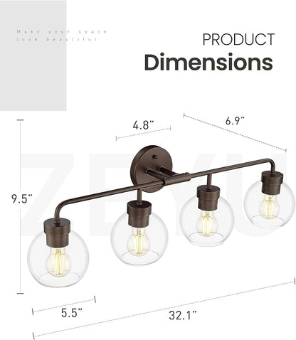 zeyu Oil Rubbed Bronze 32-Inch 4-Light Bathroom Vanity Light, ZS62BG-4W ORB | Bathroom Lights Fixtures Over Mirror, Hardwired, ETL Listed, Up/Down Mount, Clear Globe Glass Shades, For Bathroom Mirror