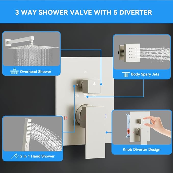 Brushed Nickel Shower System with Body Jets, STARBATH 12 Inch Rainfall Shower and Handheld Spray, Wall Mounted Full Body Shower System Rough-in Mixer Pressure Balance Valve Shower Faucet Set Complete