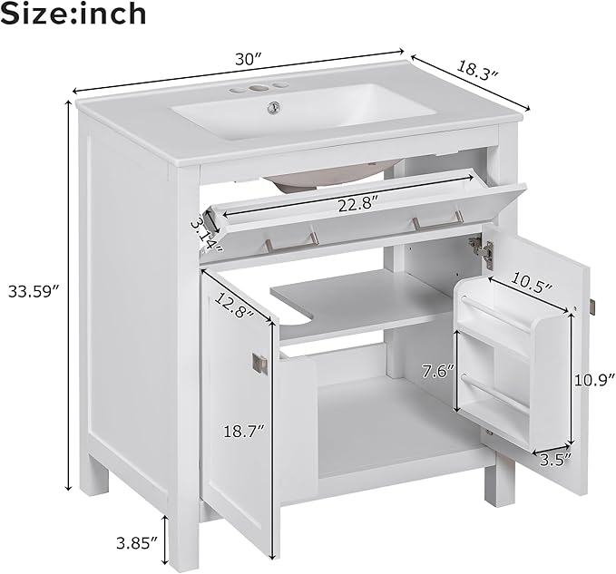 30 Inch Bathroom Vanity with Sink, Bathroom Vanities 30" with Sink, 30 in Vanity with Sink for Bathroom, Restroom Vanity with Sink, Flip Drawer, Cabinet and Door Shelves (White)
