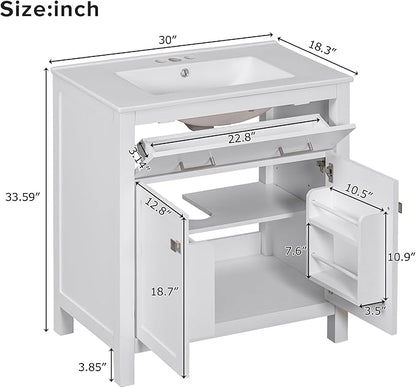 30 Inch Bathroom Vanity with Sink, Bathroom Vanities 30" with Sink, 30 in Vanity with Sink for Bathroom, Restroom Vanity with Sink, Flip Drawer, Cabinet and Door Shelves (White)