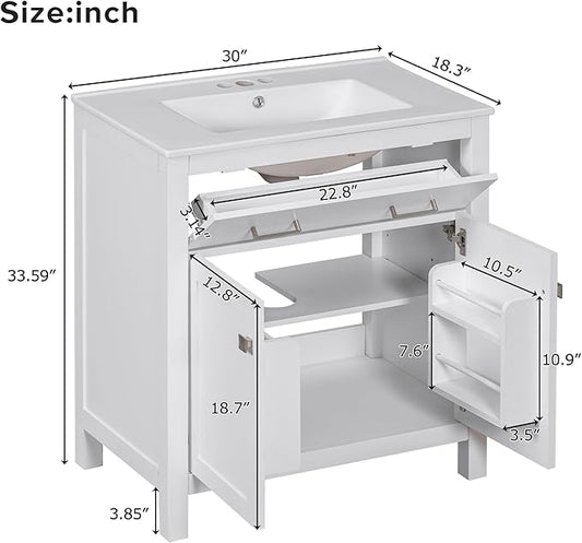 Favfurish 30" Bathroom Vanity with Ceramic Sink,Undermount Single Basin Bath Vanity Set w/1 Flip-Out Drawer and 2 Soft-Close Doors,Modern Solid Wood Storage Cabinet w/Adjustable Shelf,White