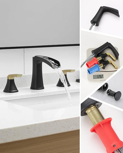 Fapully Bathroom Faucet 3 Hole, Waterfall 8 Inch Widespread Bathroom Sink Faucet with Pop-up Drain, Matte Black&Gold Two-Handle Faucets for Bathroom Sink