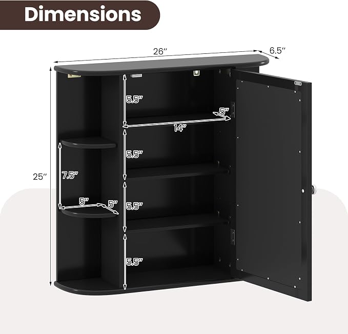 GIANTEX Bathroom Mirror Cabinet (Black) | Wall Mounted Medicine Cabinet with Mirrored Door & 4 Interior Shelves, 6 Open Shelves, Space-saving Storage Cabinet