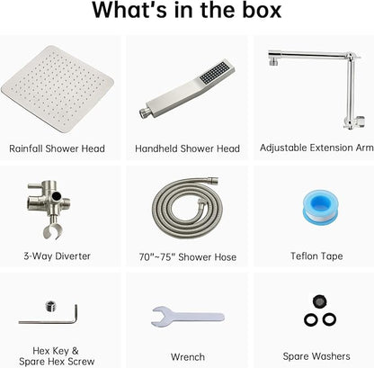 G-Promise All Metal 12 Inches Rainfall Shower Head with Handheld Combo | All Metal, Built to Last, Easy Install, Adjustable Height & Angle for All Heights, Extra Long Hose, Modern Upgrade