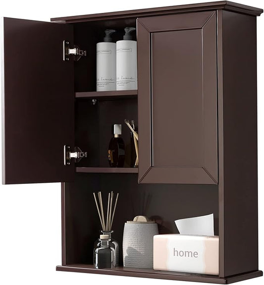 Dark Brown Bathroom Wall Cabinet Mounted Wooden Medicine Cabinets Espresso Over Toilet Storage Cabinet, 23x29 Inch Hanging Bathroom Wall Cabinet with 2 Doors & Adjustable Shelf, Soft Hinge
