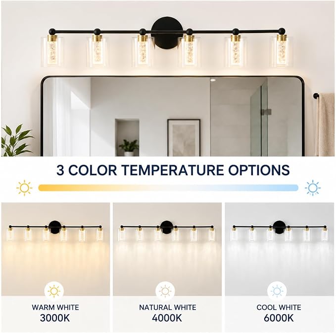 Black and Gold Vanity Light with 3 Color Modes, Eye Protection LED Bathroom Light Fixtures, Dimmable Modern Wall Light Over Mirror with Clear Glass Shade (Black & Gold, 6-Light)