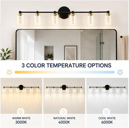 Black and Gold Vanity Light with 3 Color Modes, Eye Protection LED Bathroom Light Fixtures, Dimmable Modern Wall Light Over Mirror with Clear Glass Shade (Black & Gold, 6-Light)