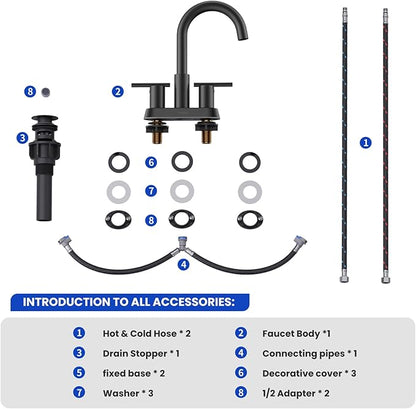 Hurran 4 Inch Bathroom Faucet for Sink 3 Hole, Matte Black Bathroom Faucet with Pop-up Drain and 2 Supply Hoses,Stainless Steel Lead-Free 2-Handle Centerset Faucet for Sink Vanity RV