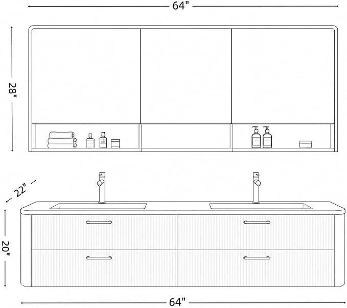 64 in Double Bathroom Vanity with Sinks - Modern Floating Bathroom Vanity with Solid Wood Cabinet, Anti-Fog Mirror and Integrated Stone Sinks | Wall Mounted Design | Ample Storage