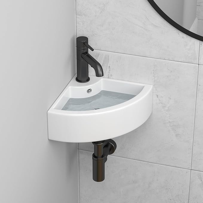 18"x 13" Wall Mount Corner Bathroom Sink White Porcelain Small Vessel Sink | Triangle Floating Wash Hand Basin Small White Porcelain Ceramic Floating Vessel Vanity Sink Wall Hung Bathroom Sink