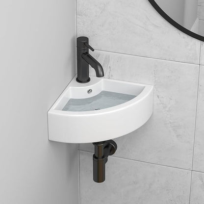 18"x 13" Wall Mount Corner Bathroom Sink White Porcelain Small Vessel Sink | Triangle Floating Wash Hand Basin Small White Porcelain Ceramic Floating Vessel Vanity Sink Wall Hung Bathroom Sink