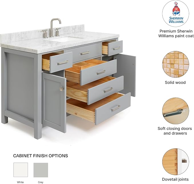 Alenza 54" Grey Bathroom Vanity with Sink, 1.5" Italian Carrara Marble Countertop, Rectangular Undermount Sink, 2 Soft Closing Doors, 5 Dovetail Drawers