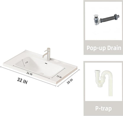 32'' Bathroom Vanity with Ceramic Sink Combo and Medicine Cabinet Mirror with Led Light/Defog, Wall Mounted Small Bathroom Vanity with Soft-Close Door Modern Floating Cabinet, GreyWalnut(No Faucet)