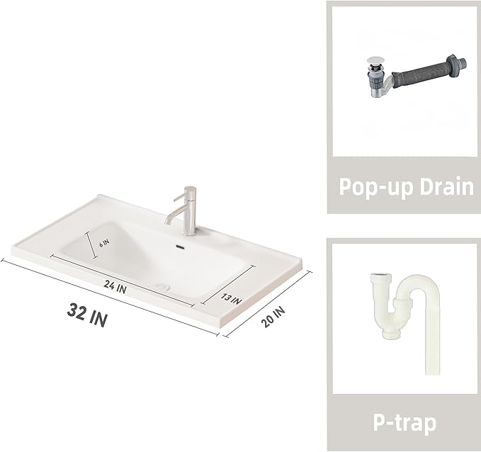 32'' Bathroom Vanity with Ceramic Sink Combo and Medicine Cabinet Mirror with Led Light/Defog, Wall Mounted Small Bathroom Vanity with Soft-Close Door Modern Floating Cabinet, Khaki(No Faucet)