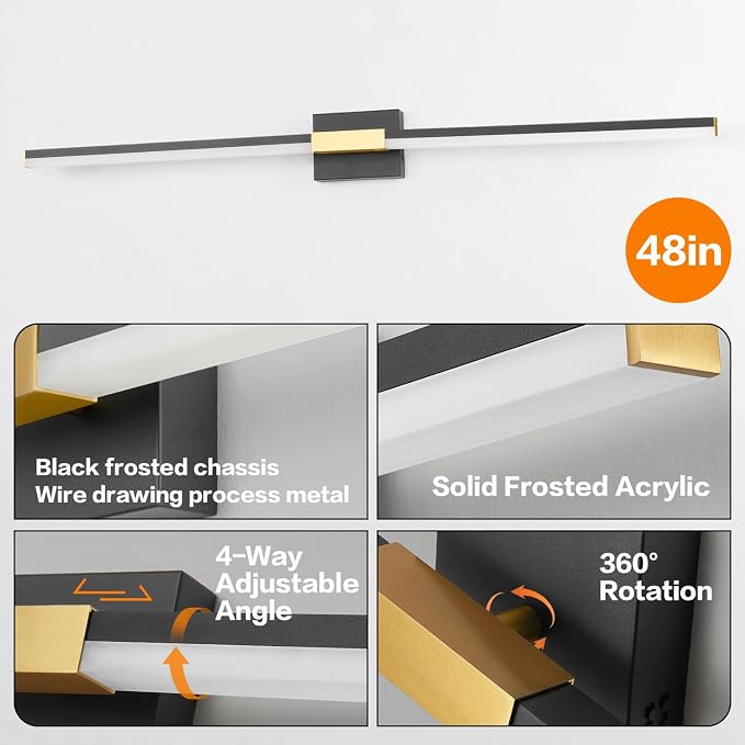 SOLFART Bathroom Lighting Fixtures Over Mirror 48 Inch: Black and Gold Dimmable Vanity Light, Built-in Dimmer, Thickened Aluminum Body, 360 Degree Rotation, ETL IP44