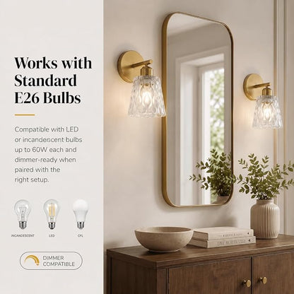 1-Light Brushed Gold Bathroom Vanity Wall Sconces, 2-Pack Modern Stainless Steel Fixtures with Textured Glass Shades for Over-Mirror Lighting, E26 Sockets (Bulbs Not Included)