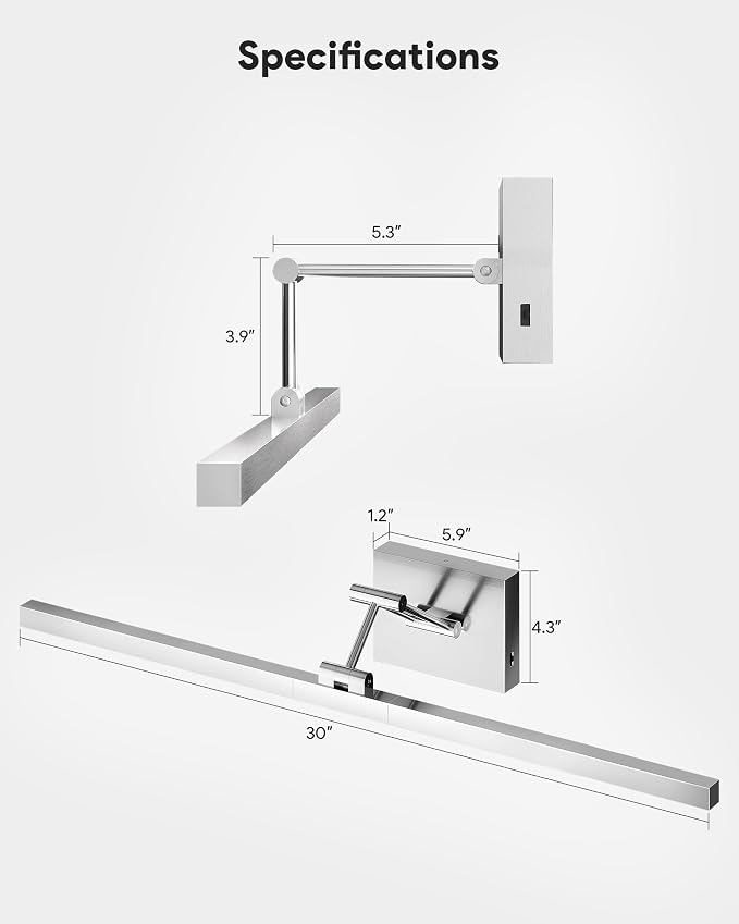 VONLUCE 30" Modern LED Bathroom Vanity Light, Brushed Chrome | 3CCT, Flicker-free, 360° Rotatable Head & Swing Arm, IP44 waterproof Bathroom Light Fixture Over Mirror for Bathroom, Picture