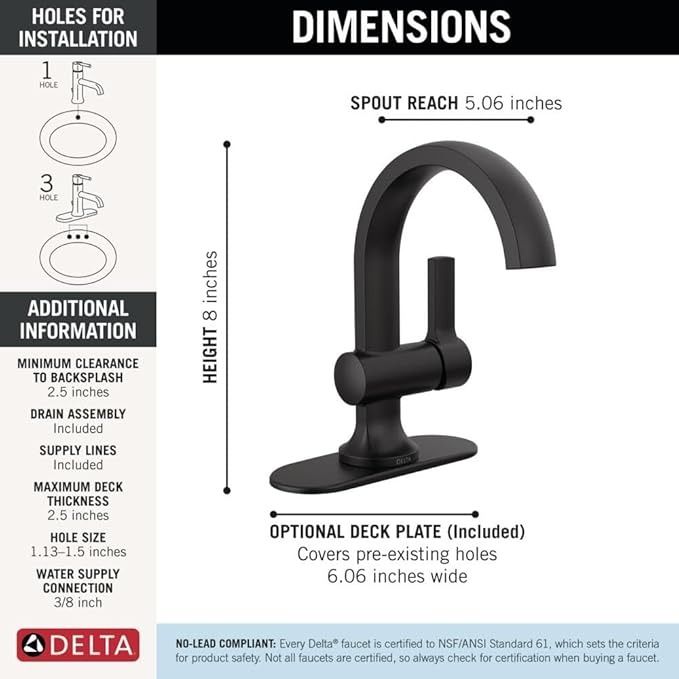 Delta Albion Matte Black Bathroom Faucet 1 Hole, Single Hole Bathroom Sink Faucet for Vanity, Metal Push-Pop Drain Assembly, Matte Black 15855LF-BL