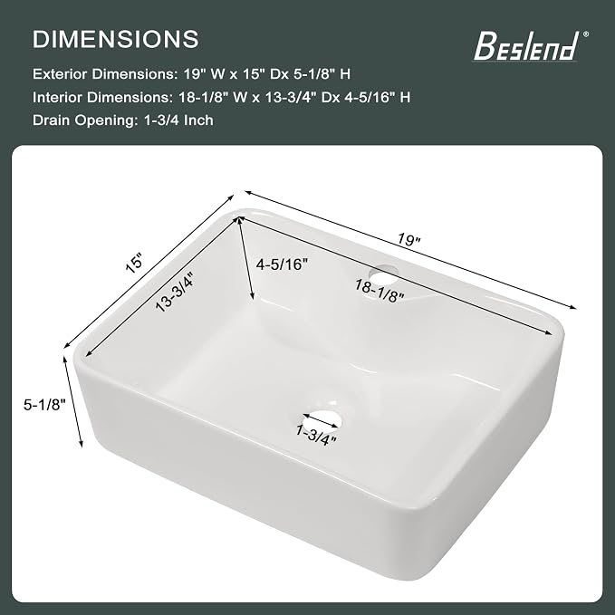 Drop In White Bathroom Vessel Sink with Faucet Hole | Beslend 19x15 Ceramic White Rectangular Vessel Sink Hand Wash Basin with Single Faucet Hole Above Counter Basin