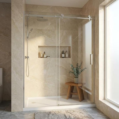 Frameless Sliding Shower Door, Adjustable 44"-48" Width x 76" Height, 6mm (1/4") SGCC Tempered Clear Glass with Easy-to-Clean Coating, Brushed Nickel Stainless Steel Top Rail, One Fixed One Sliding