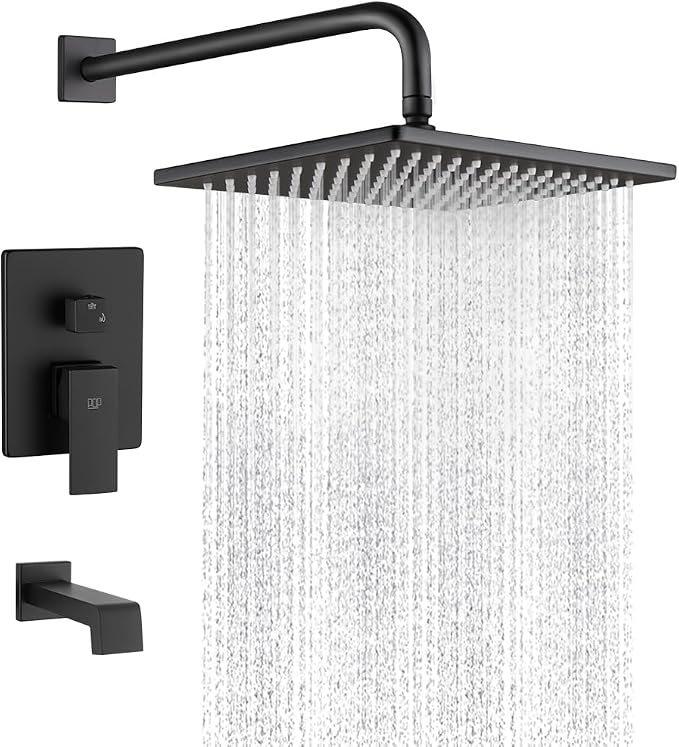 Black Shower Tub Faucet Set Bathroom Rain Shower System with Tub Spout Wall Mounted Rainfall 10 Inch Shower Head and Handle Set Shower Valve and Trim Kit