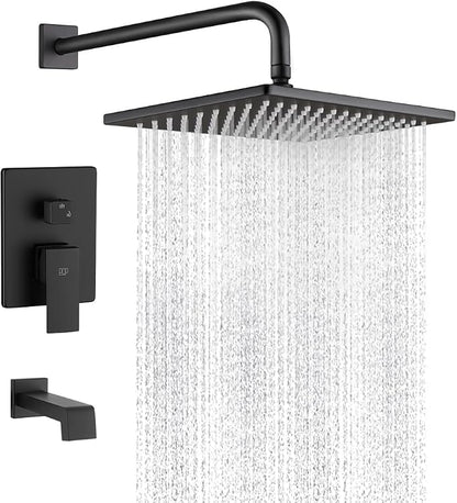 Black Shower Tub Faucet Set Bathroom Rain Shower System with Tub Spout Wall Mounted Rainfall 10 Inch Shower Head and Handle Set Shower Valve and Trim Kit