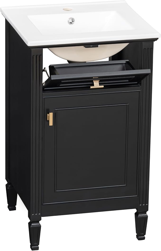 GDFStudio Hawthorne 20" Modern Bathroom Vanity with Sink, Freestanding Bathroom Vanity Organizer with Tilt Out Drawer, Adjustable Shelf and Solid Wood Legs, Single Sink Bathroom Vanity, Black