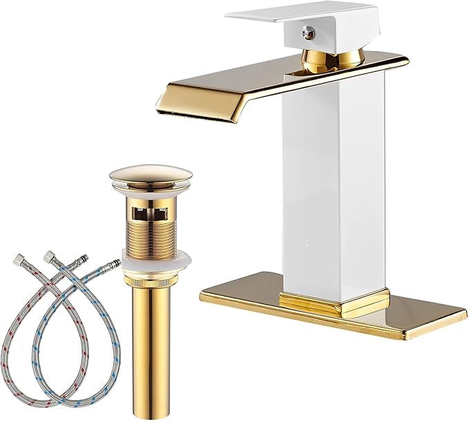 Bathroom Faucet Gold Spout Waterfall White Body Single Hole 1 Handle Bathroom Vanity Sink Faucet with Deck Plate and Pop Up Drain Stopper Overflow Brass Basin Mix Tap Deck Mount