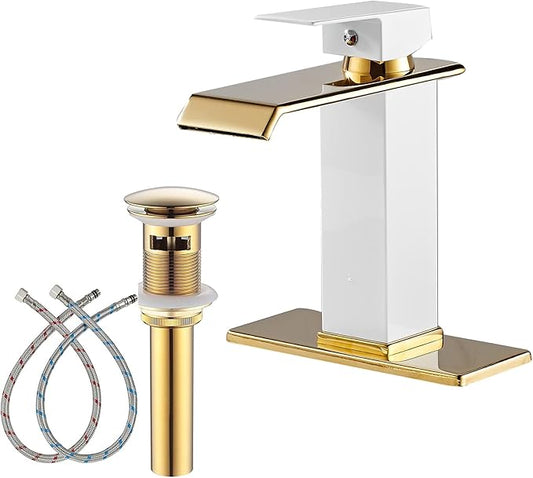 Bathroom Faucet Gold Spout Waterfall White Body Single Hole 1 Handle Bathroom Vanity Sink Faucet with Deck Plate and Pop Up Drain Stopper Overflow Brass Basin Mix Tap Deck Mount