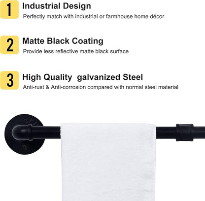 HouseAid 24 Inch Industrial Pipe Towel Bar, Farmhouse Iron Hand Towel Holder, Vintage Style Towel Rod for Bathroom, Wall Mounted, Matte Black (Hook Included)