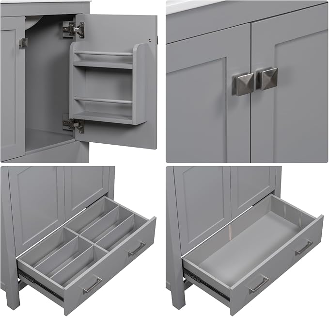 30" Freestanding Bathroom Vanity with Sink, Floor Stand Bathroom Storage Cabinet with Ceramic Sink, Doors with Double-Layered Storage Shelves, Modern Compact Vanity with Divided Drawer, Gray