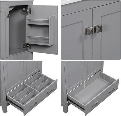 30" Freestanding Bathroom Vanity with Sink, Floor Stand Bathroom Storage Cabinet with Ceramic Sink, Doors with Double-Layered Storage Shelves, Modern Compact Vanity with Divided Drawer, Gray