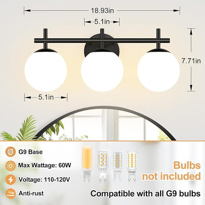 3-Light Bathroom Light Fixtures, Matte Black Vanity Lights for Bathroom with Milky White Glass Ball Shade, 18.9 inch Bathroom Lighting Fixtures Over Mirror, Wall Sconce for Bedroom (Bulb Not Included)