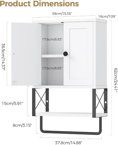 Bathroom Wall Cabinet, White Medicine Cabinet with Towel Rack | 2 Doors & Adjustable Shelves 2 Hooks, above toilet storage cabinet, for Bathroom Laundry Room, Living, Kitchen UXYYG024W