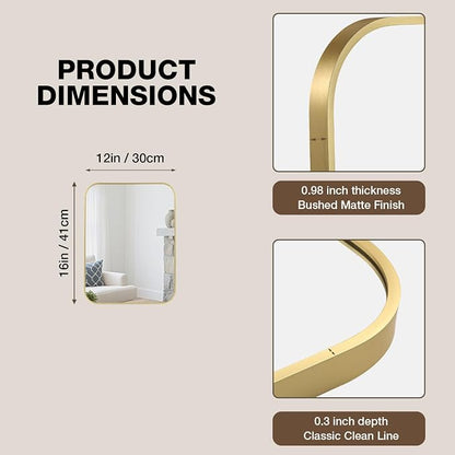 12"x16" Bathroom Mirror for Over Sink, Brushed Gold Rectangle Vanity Mirror | Aluminum Alloy Frame, Clear Reflection, Rust-Resistant, Vertical or Horizontal, Wall Mount, Bedroom and Entryway