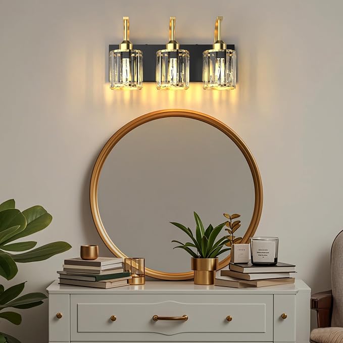 3-Light Bathroom Vanity Light Fixtures, Modern Bathroom Lighting Fixtures Over Mirror with Golden Crystal Lampshade, E26 Base Modern Vanity Lighting, Suit for Stairway Bedroom and Hallway