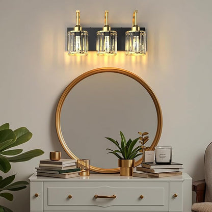 3-Light Bathroom Vanity Light Fixtures, Modern Bathroom Lighting Fixtures Over Mirror with Golden Crystal Lampshade, E26 Base Modern Vanity Lighting, Suit for Stairway Bedroom and Hallway