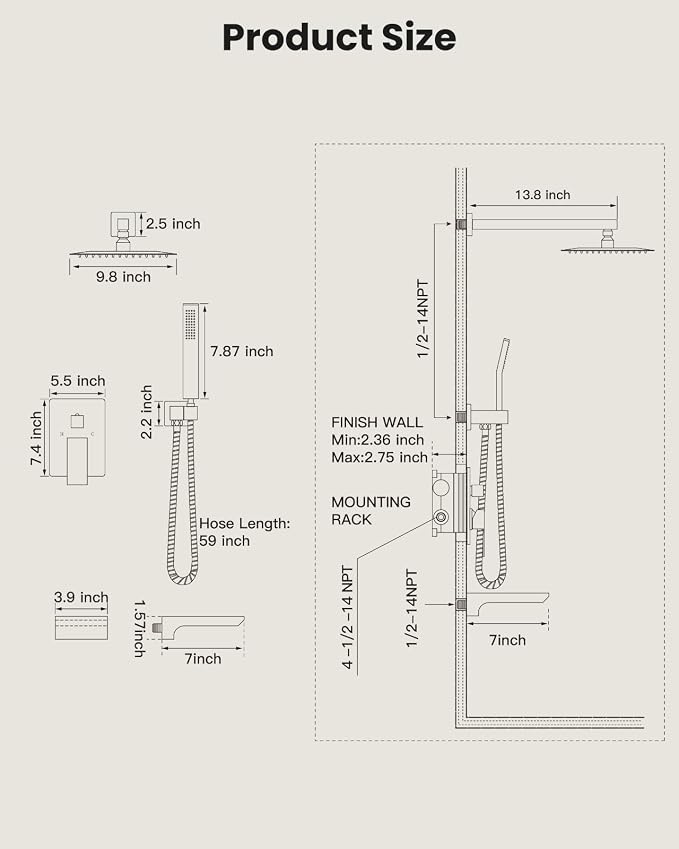 gotonovo Tub Shower Faucet Set with Valve 10'' Rain Head,Polished Chrome | Waterfall Tub Spout Shower System,Bathtub Faucet Set,SUS304 Rain Head with Handheld,Brass Valve Trim Kit,All Metal,Wall Mount